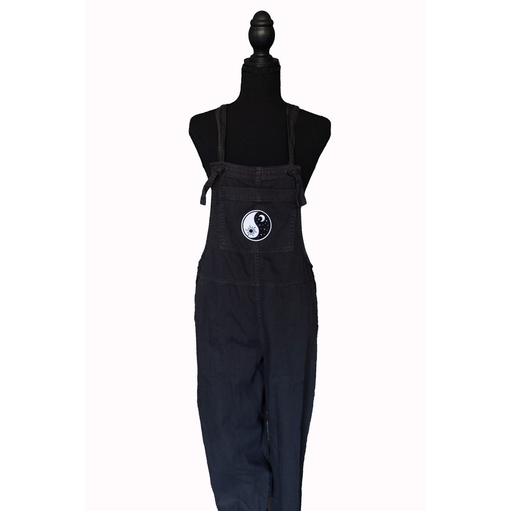 Aerie Upcycled Yin Yang Celestial Patch Overalls Black XS Sun Moon Linen Blend